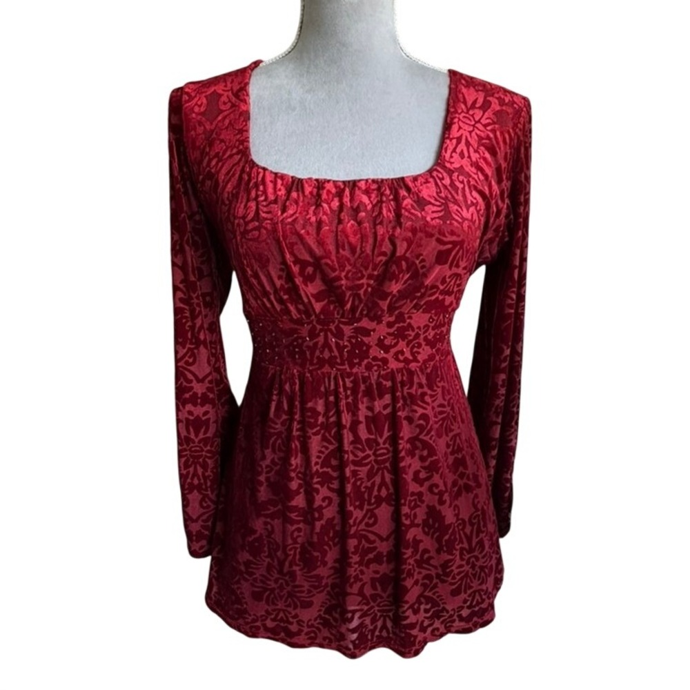 Vtg Y2K NOTATIONS Red Burnout Velvet Damask Top‎ L Beaded Empire Waist Tie Boho